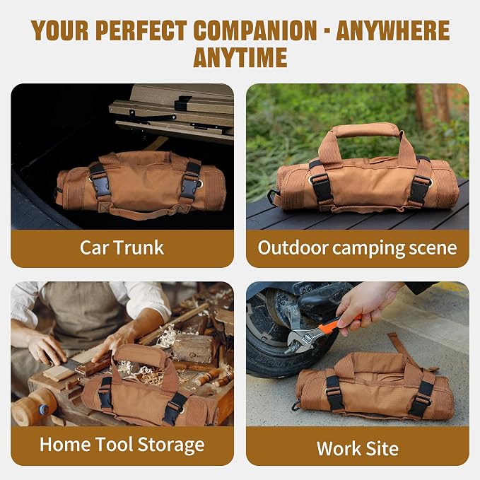 Portable Foldable Roll Up Tool Bag, Heavy Duty Tool Organizer Bag with 5 Compartments & 2 Detachable Pouches for Tools Storage, Waterproof Tool Roll Bag for Dad Men Electrician Gifts