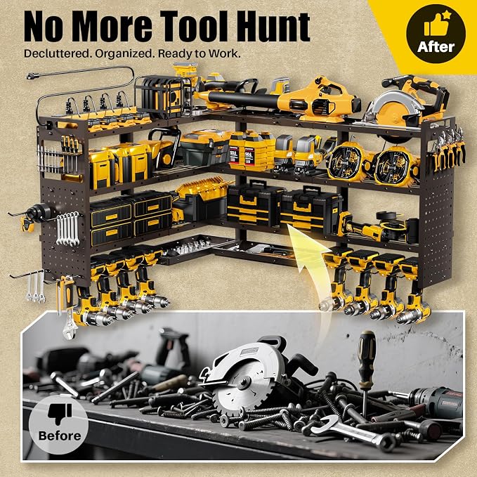 XLarge 64''W Power Tool Organizer Wall Mount | 8-Outlet TR Charging Station | Modular&Corner-Fit 820lbs Garage Storage Rack with 8 Cordless Drill Holder | Shelf for Workshop Organization
