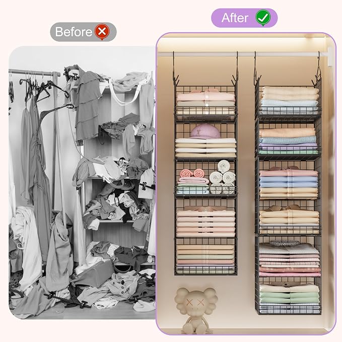 6 Tier Hanging Closet Organizers and Storage Stackable Hanging Closet Shelves with 4 Hooks 2 Adjustable Dividers, Wire Storage Basket Bins for Clothing Purse Sweaters Shoes Socks Dolls, Foldable