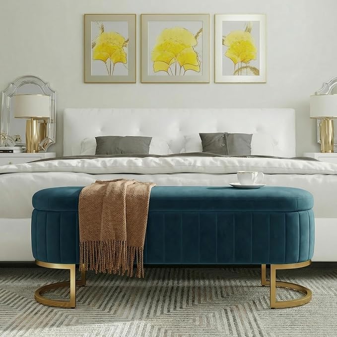 51" Velvet Storage Ottoman Bench End of Bed for Bedroom Entryway Dark Blue