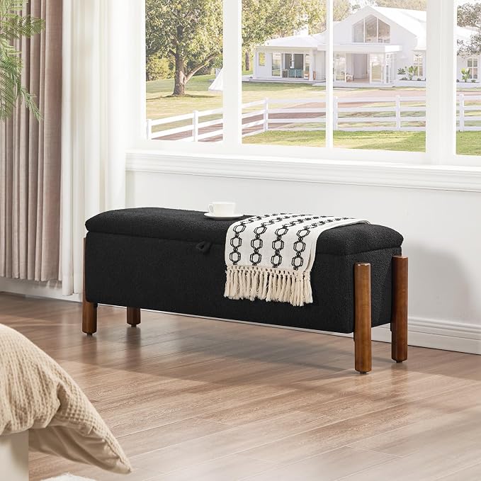 47'' Modern Storage Ottoman Benches with Walnut Wood Legs Ottoman Bench with 22 Gallons Storage Space Fabric Upholstered Seating End of Bed Bench for Bedroom for Livingroom (Black)
