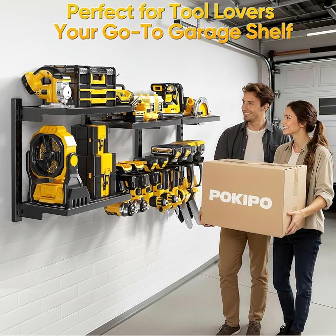 POKIPO Large Modular Power Tool Organizer Wall Mount With 6 Adjustable Shelf, Heavy Duty Iron Tool Storage Rack Loads 300lbs with 8 Cordless Tools Drill Holder,Battery Utility Rack for Garage Workshop
