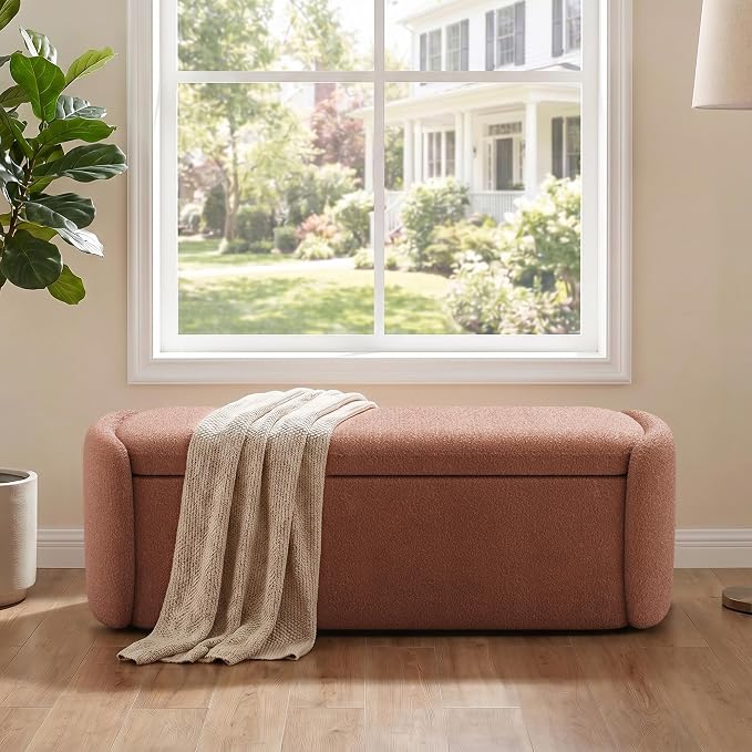 VKNOW Storage Bench, Upholstered Storage Ottoman Bench with Hinge, Rust Red | Ottoman Bench with Large Capacity, Curved Frame, King Size Bench, Storage Bench for Bedroom, Living Room, Entryway, Window