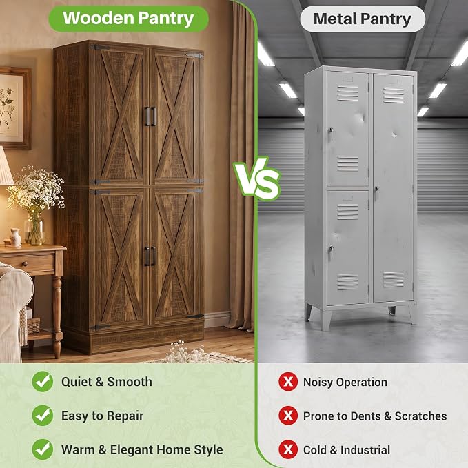 Unikito 71" Tall Kitchen Pantry Storage Cabinet with Built-in Drawer | 31.5" Wide Wood Farmhouse Storage Cabinet with Barn Doors and 3 Shelves, for Home Kitchen,Dining/Living/Laundry/Room