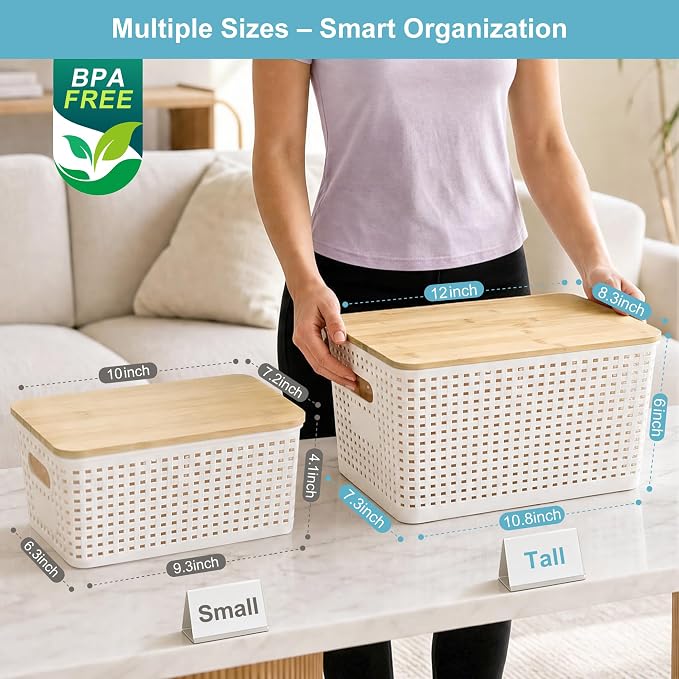Bagnizer Small Plastic Storage Bins with Bamboo Lids 5.2qt Stackable Box Basket Pantry Decorative Containers Cute with Labels for Organizing Desktop Closet Office Cream White of 6 packs 10*7.2*4.1"