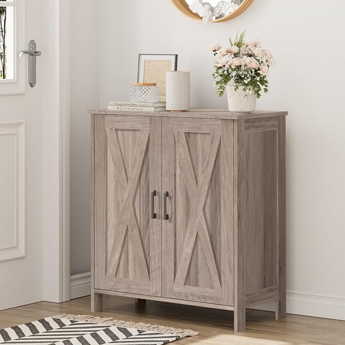 Homleke Farmhouse Shoe Cabinet with 2 Barn Doors & Wood Legs | Tall 4-Tier Shoe Storage Cabinet, 3 Adjustable Shelves, Shoe Rack Organizer, for Entryway, Hallway, Closet, Greige