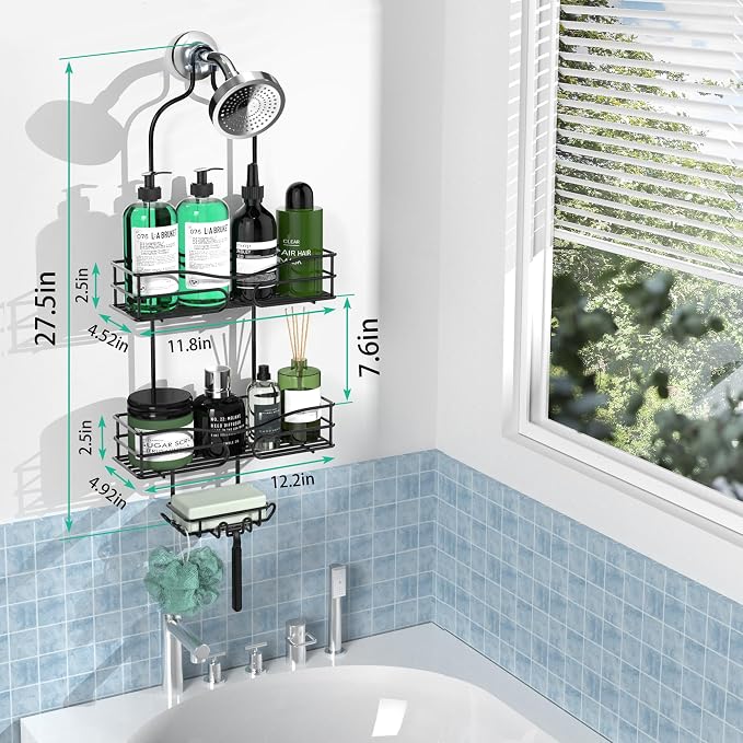 DAOYA Bathroom Shower Caddy Hanging - 3-Tier Organizer with Soap Holder & 6 Hooks for Towels, Sponge; Fits 21mm Shower Head Arm, Black