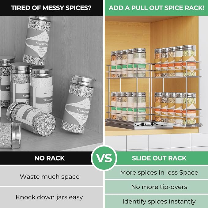 Mystozer Pull Out Spice Rack Organizer for Cabinet, Slide Out Spice Racks, Easy to Install Spice Cabinet Organizers, 5.28" Wx10.43 Dx8.26 H, 2 Drawers 2 Tiers(Silver)