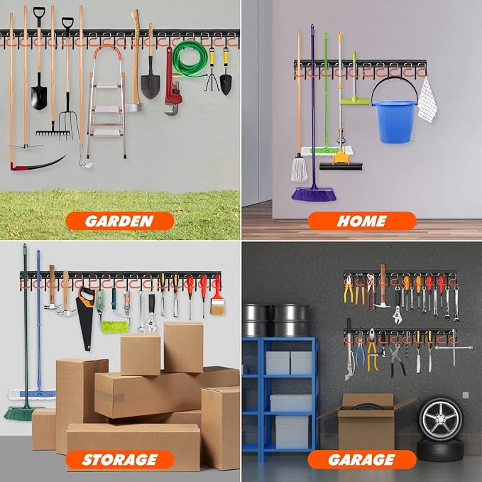 TVKB 68'' All Metal Garden Tool Organizer Adjustable Garage Tool Organizer Wall Mount Garage Organizers and Storage with Heavy Duty Hooks Tool Hangers for Garage Wall, Shed, Garden
