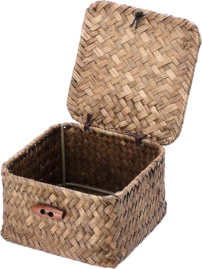 Wicker Basket with Lid Natural Seagrass Storage Box,4.7x 4.7x2.7" | Square Handwoven Basket Box for Shelf, Multipurpose Desktop Organizer Bin for Keys, Candy, Coin