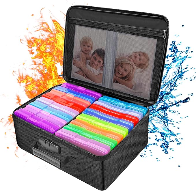 ENGPOW Fireproof Photo Storage Box with Lock,Photo Box Organizer with Divider&Mesh Bag,Collapsible Portable Photo Storage Containers with Handle for Photos, Picture,Scrapbook,Art,Craft(Box Only)