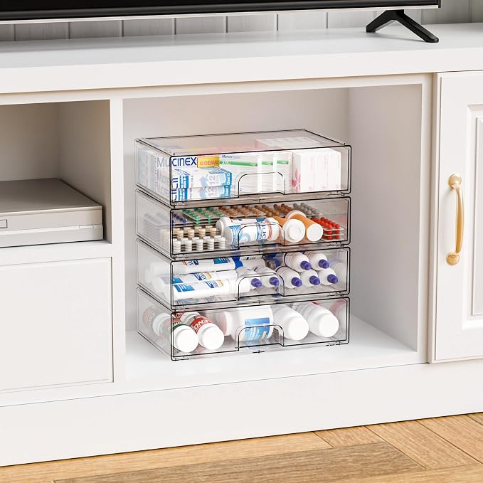 12.1''W Clear Stackable Storage Drawers,2 Pack Acrylic Drawer Organizer for Hair Accessories,Makeup Organizers,Plastic Organizer Bins for Vanity,Bathroom,Cabinet,Desktop,Office Supply Organizer