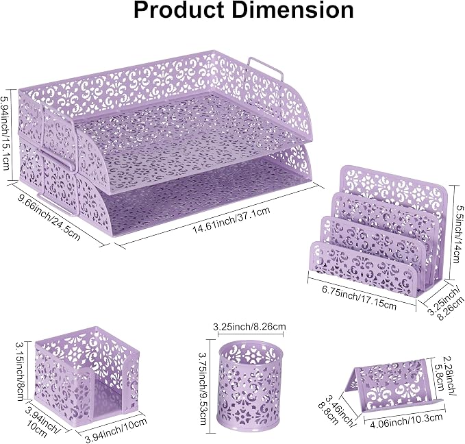 EasyPAG Desk Organizers and Accessories 5 Pieces Office Supplies Set - 2 Tier Paper Tray, Pencil Organizer for Desk, Mail Sorter Countertop, Business Card Holder and Sticky Note Holder, Purple