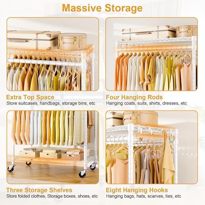 P5 Rolling Clothes Rack, Clothing Racks for Hanging Clothes, White | Heavy Duty Garment Rack with Wheels, 3-Tier Shelves, Portable Closet Racks 39.4'' W × 20.5'' D × 80.5'' H, Max Load 650 Lbs