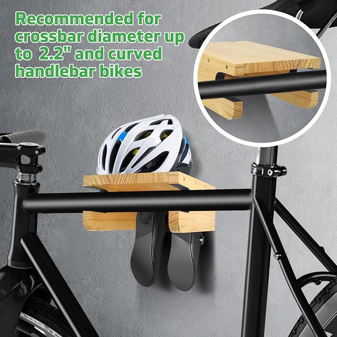 Wooden Bike Wall Mount Rack with Shelf and Hooks, Bike Hanger Wall Mount | Wood Wall Mount Bike Hangers for Garage, Space-Saving Indoor Bike Wall Mount Horizontal Storage Rack for Single Road Bicycle