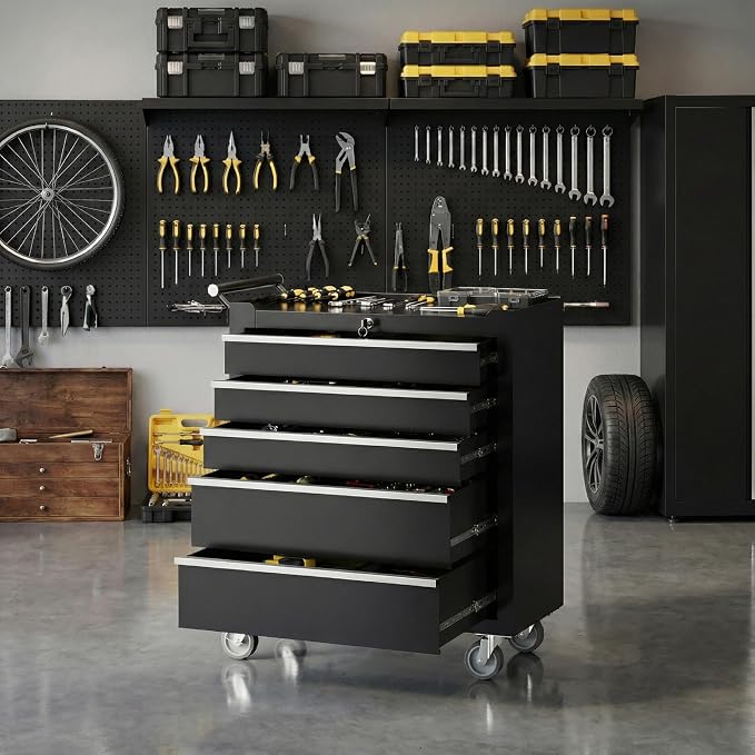 Garvee Rolling Tool Chest, 5 Drawers Tool Storage Cabinet, Toolbox with Wheels, Portable Tool Cabinet Organizer with Locking System & Drawer Liners, Tool Storage Cart for Garage, Workshop, Black