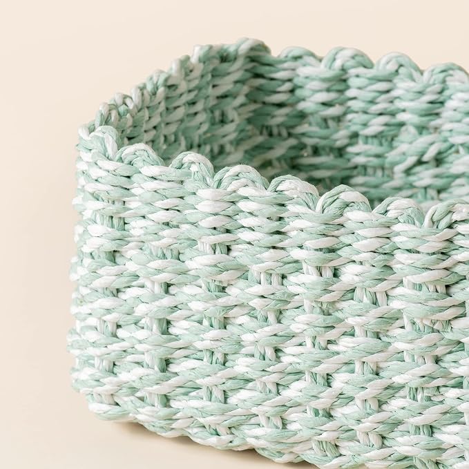 LA JOLIE MUSE Paper Rope Storage Baskets for Organizing, Recycled Wicker Storage Basket Container Bins for Shelves Cupboards Drawer, Small Woven Basket Set of 3 (Green White)