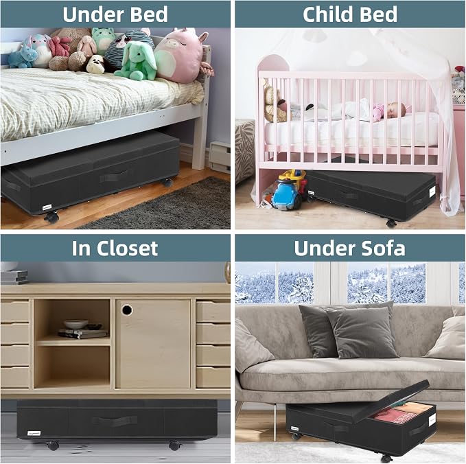 Supowin Under Bed Storage with Wheels, 2Pack Rolling Underbed Storage | 7.3 Inches Tall Under the Bed Container with Lids, Reinforced Handle, Reinforced Metal Bottom Support, 360° Rotating Wheels
