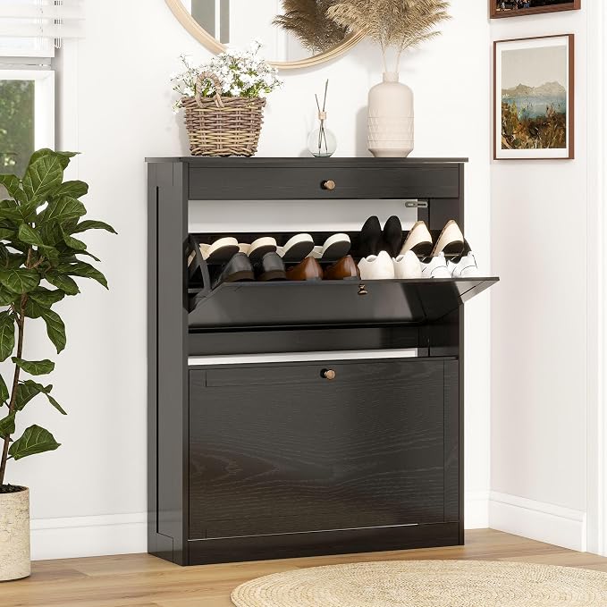 Wood Shoe Storage Cabinet, Hidden Shoe Rack Cabinet with 2 Flip Drawers | Space-Saving Shoe Storage Organizer, Ultra Slim Narrow Shoe Dresser Open Compartment, for Entry, Hallway, Living Room, Black