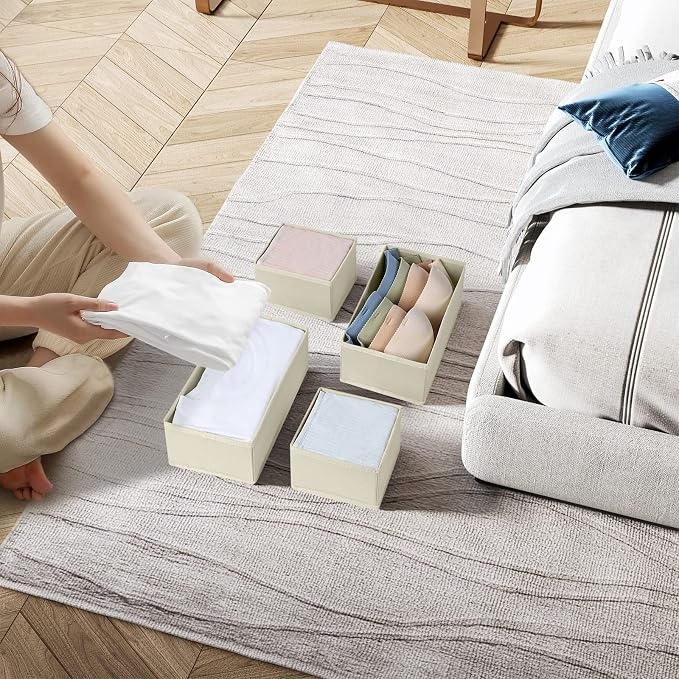 DIMJ Drawer Organiser System Drawer Organiser - Fabric Storage Box, Drawer Inserts for Wardrobes, Wardrobe Organiser for Clothes, Pack of 8, Beige Classic