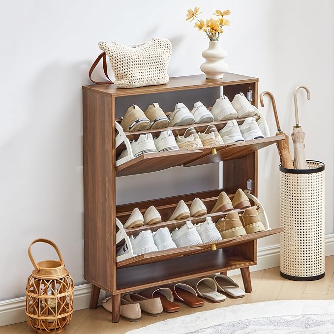 BERRYMERRY Shoe Storage Cabinet with 2 Flip Drawers with Fluted Recessed | narrow,entryway,16 pairs shoe,shoe organize,hidden shoe rack,fluted panel,wave pattern,wood,space saving