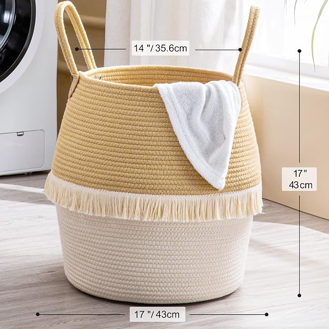 KAKAMAY Woven Baskets for Storage(17"x17"),Large Cotton Rope Woven Baby Laundry Hamper,Collapsible Laundry Basket, Blanket Basket for Organizing Living Room,Nursery,Pillows,Toy Chest(Beige)