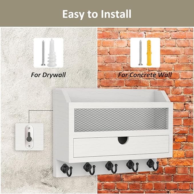 Nekon Key and Mail Holder for Wall, Key Organizer with 5 Hooks & Storage Drawer, 11" W x 7.9" H x 3.1" D Wooden Key Rack for Entryway and Home Decor (White)