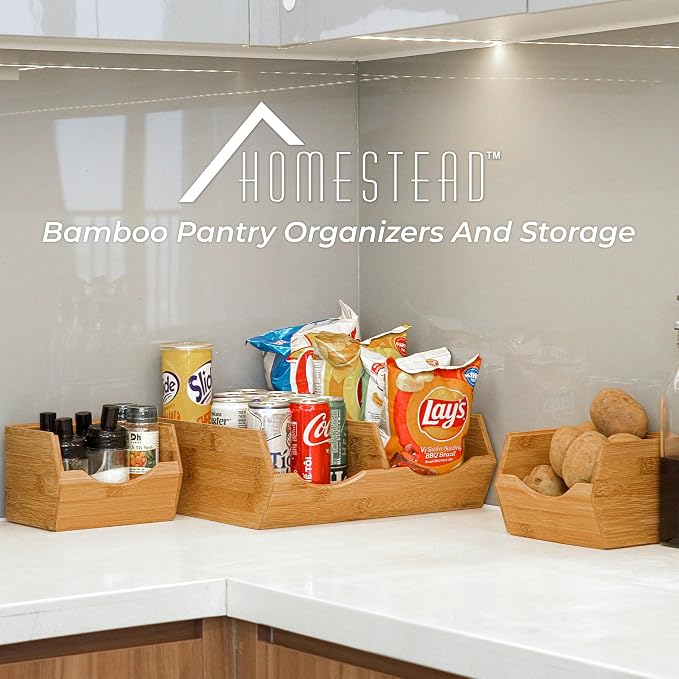 HOMESTEAD Bamboo Pantry Storage Bins ā Stackable Potato & Onion Storage Bin for Kitchen Countertop, Pantry Organizer, Fruit Vegetable Basket, Multiuse - Set of 3 Slide-Out Access