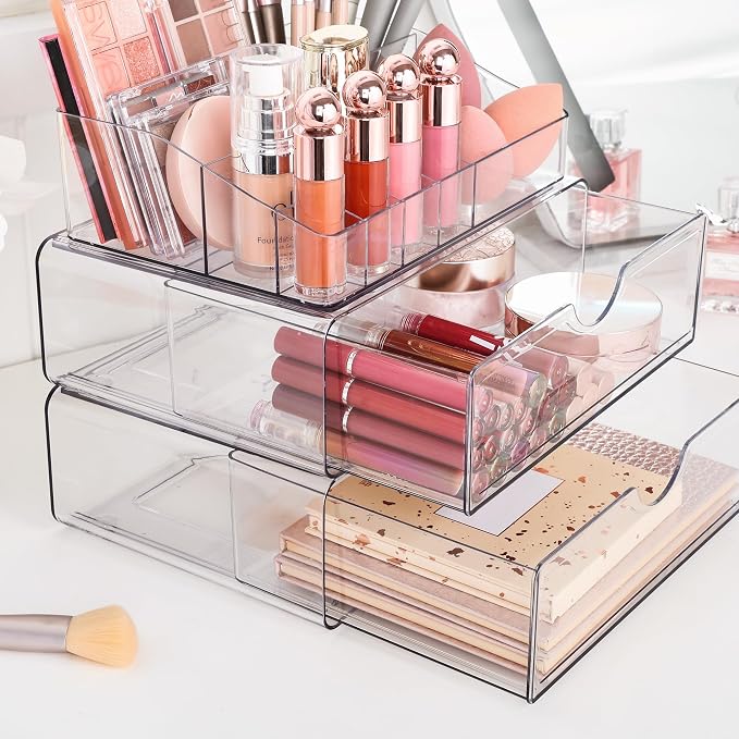 Vtopmart 5 Tier Clear Makeup Organizer with Drawer, Cosmetic Storage for Dresser Countertop and Bathroom Vanity, Beauty Holder for Lipstick Brush Skincare | Smart Storage Layout, Clear for Better Visibility, Stackable, Large Capacity, for Makeup Lipsti...