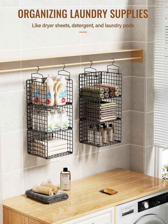 6 Tier Closet Hanging Organizer, Metal Closet Organizers and Storage with 4 Hanging Hooks 4 S-Hooks for Wardrobe Laundry Room, Wire Storage Shelf for Clothes Sweaters Pants (Black)