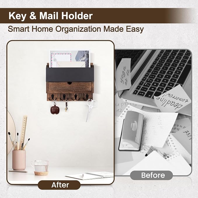 Mail and Key Holder Wall Mount with Storage Drawer & Chalkboard Panel | Modern Wooden Mail Organizer for Wall Entryway, 7 key hooks, Stylish Home Decor for Apartments, Living Room, Office