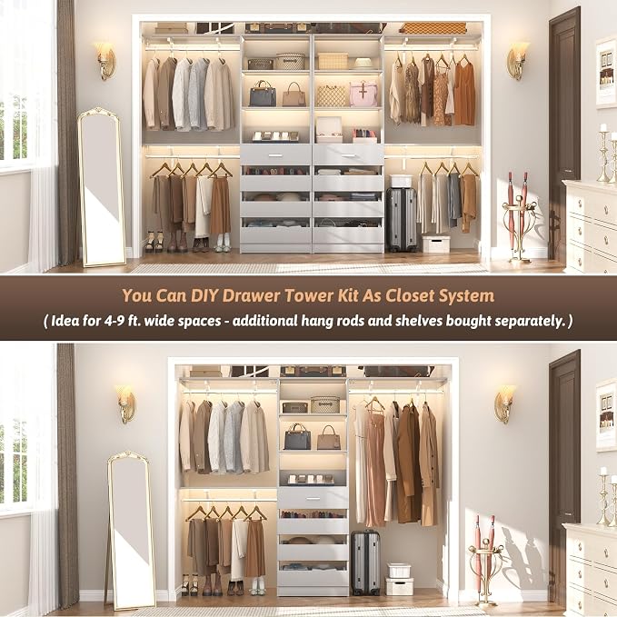 Aheaplus 21.3" Closet System with 4 Drawers, Wood Closet Organizer with Open Shelves, Modular Drawers System Tower, Walk-in Closet Small Wardrobe Rack, Tall Storage Cabinet Unit, Grey1