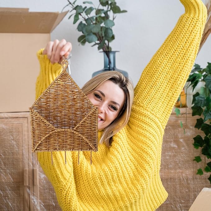 Gerrii Wicker Key Holder for Wall Rattan Mail Shape Holder with 5 Hooks Boho Modern Farmhouse Wall Hanging Decor for Entryway Living Room Office Key Letter Newspaper Files Organizer