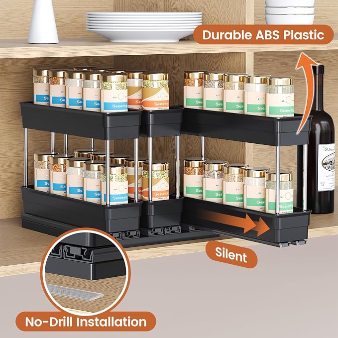 Mystozer Pull Out Spice Rack Organizer for Cabinet, Slide Out Spice Racks Organizer, Easy to Install Spice Cabinet Organizers, 8.5''Wx10.5''Dx8.3''H, 3 Drawers - 2 Tiers (Black)