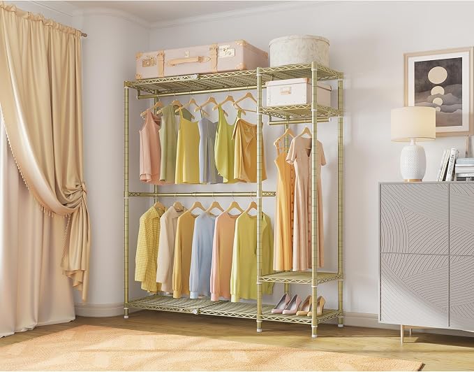 VIPEK X20 Expandable Metal Clothing Rack Adjustable from 3'3" to 4'8" Heavy Duty Garment Racks With Shelves and Hanger Rods Portable Wardrobe Open Closet System, Gold