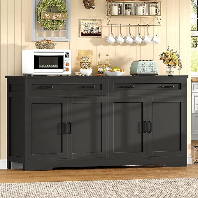 usikey 63" Buffet Cabinet with Storage, Large Sideboard Buffet Cabinet with 2 Adjustable Shelves and 4 Doors, Modern Farmhouse Coffee Bar for Kitchen, Living Room, Black