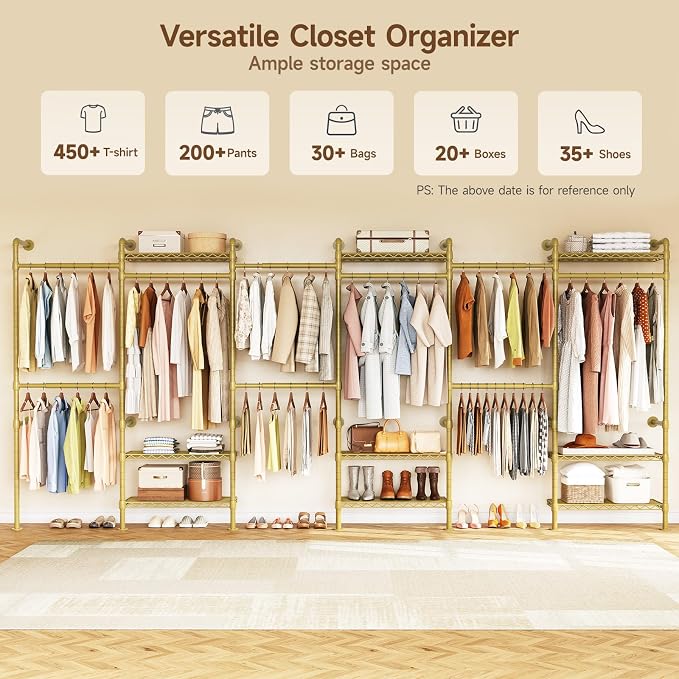 H6 Wall Mounted Closet System, Industrial Pipe Clothes Rack Clothing Racks with 6 Telescopic Rods & 3 Fixing Rods & 9 Shelves, Heavy Duty Closet Organizers and Storage in Wardrobe Closet (Gold)