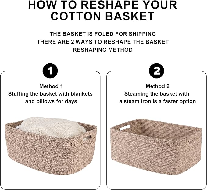 OIASKET Large Storage Basket for Organizing, Woven Rope Basket for Shelves, Closet Organizer Bins for Clothes, Blanket, Toys, Baby Nursery Storage, 17.7" x 13" x 7.87", 2 Packs Brown