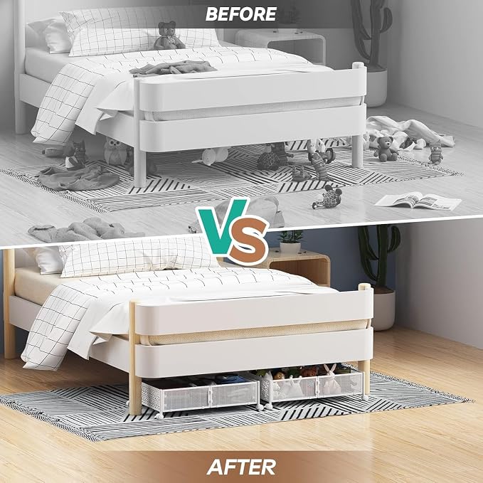PHINOX Under Bed Storage with Wheels,Patterned,Sturdy Metal,4 Pack,White | Tool-free assembly, glide smoothly, easy reach, foldable, maxmazie low-profile beds, dorm, keep seasonal clothes, shoes fresh