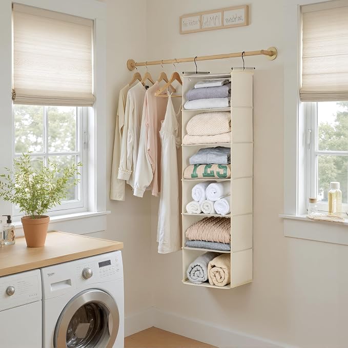 GRANNY SAYS 6 Shelf Hanging Closet Organizers and Storage, Collapsible Closet Hanging Organizer with 2 Sturdy Hooks, Large Hanging Shelves for Closet, College Dorm, Locker, Beige