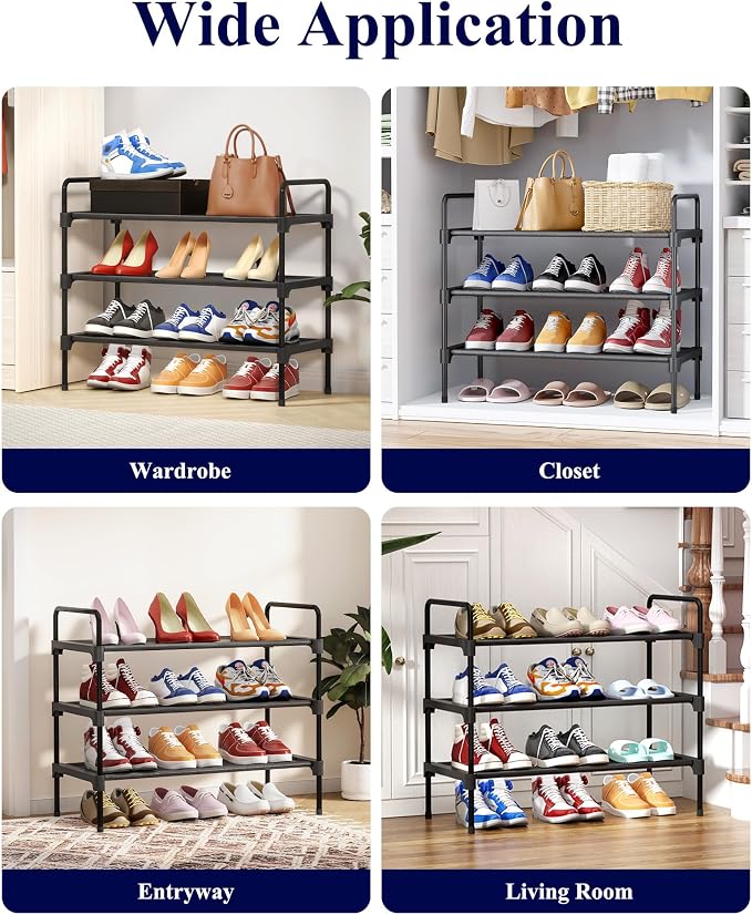 Kitsure Shoe Rack for Closet, Shoe Storage, 27.6" Wide - 3 Tiers, Black | Shoe Organizer for Closet, Entryway, Living Room, Space-Saving Shoe Shelf, Sturdy Zapateras Organizer