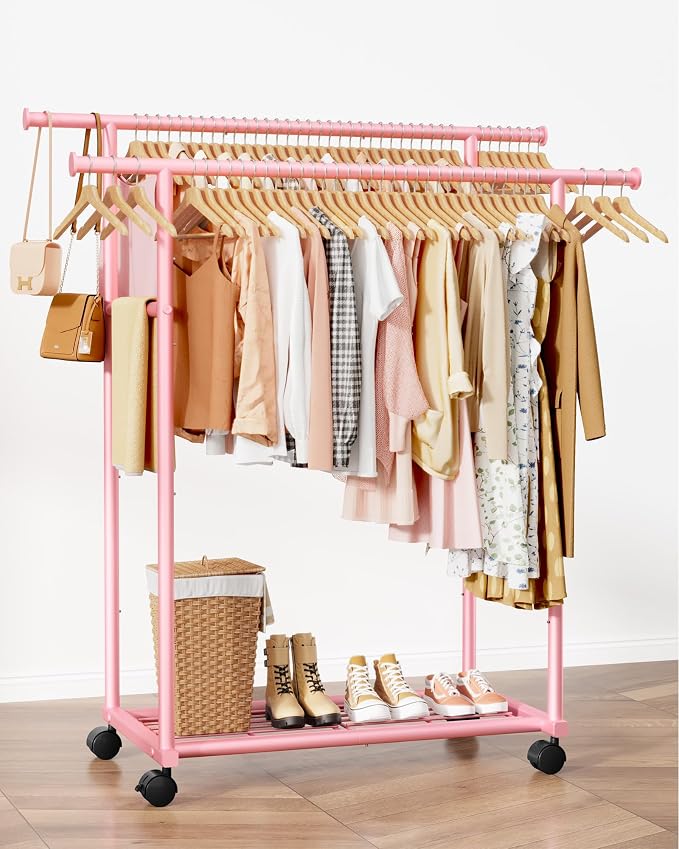 Sakugi Double Rods Clothes Rack - Metal Clothing Rack with Fixed Double Rods, Rolling Wheels & Built-In Shelf for Closet, Bedroom, Laundry Storage (39" x 17" x 60", Pink)