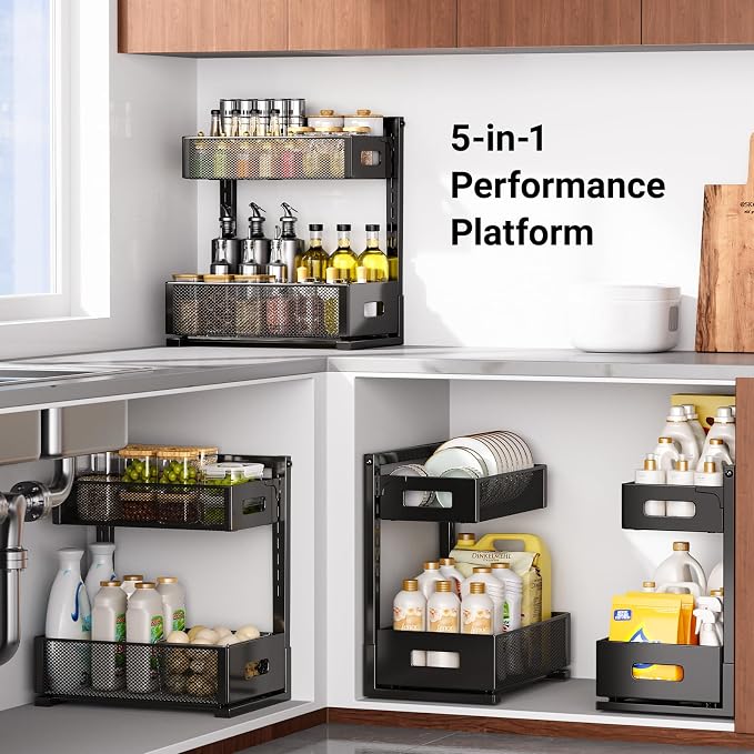 TISTAYA Under Sink Organizer, Metal Under Sink Organizers and Storage, Slide Out Pull Out Cabinet Organizer for Kitchen, Bathroom, Pantry, Laundry, Study, Black
