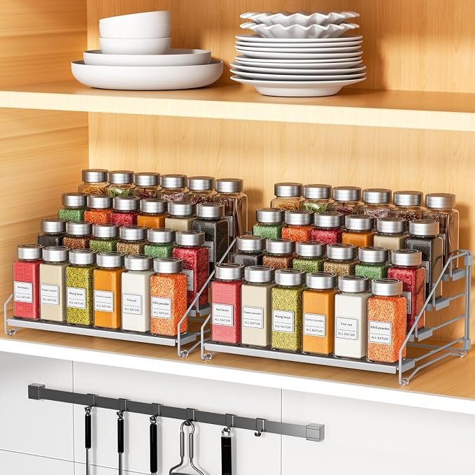 2 Pack Spice Rack Organizer for Cabinet, Depth Adjustable 4 Tier Spice Rack | Silver, Metal Spice Organization for Cabinet, Easy Visibility, Tiered Spice Rack Perfect for Cabinet, Pantry and Countertop