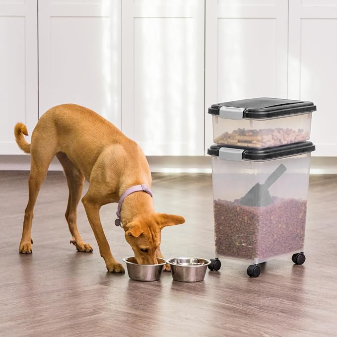 IRIS USA Dog Food Storage Container 30 lb + 11lb Airtight Combo, Stackable Pet Food Storage Bin with Wheels for Cat Dog Food, BPA Free, Made in USA, Black | Stackable Pet Food Plastic Storage Bins with Wheels for Cat and Dog Food, Made in USA