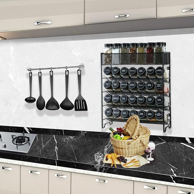 Skiileor Spice Rack Organizer with 28 Spice Jars, Black Lids,Spice Labels, Chalk pen and Funnel Set for Cabinet, Countertop, Pantry, Cupboard or Wall Mount