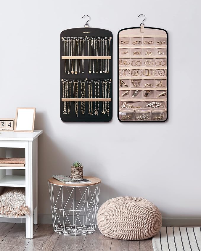 BAGSMART Hanging Jewelry Organizer, Necklace Holder Anti-tangle Earrings Rings Hanger with 10 Jewelry Bags Travel Storage Roll with Pockets Hang on Closet, Wall, Door,1 Piece, Small, Black