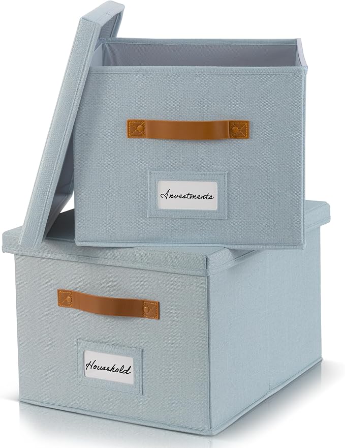 Decorative File Organizer Box Set of 2 - Collapsible Linen Filing Cabinets | Stores Documents and Hanging File Folders - Portable Office Crates with Lid and Handles for Easy Slide Access