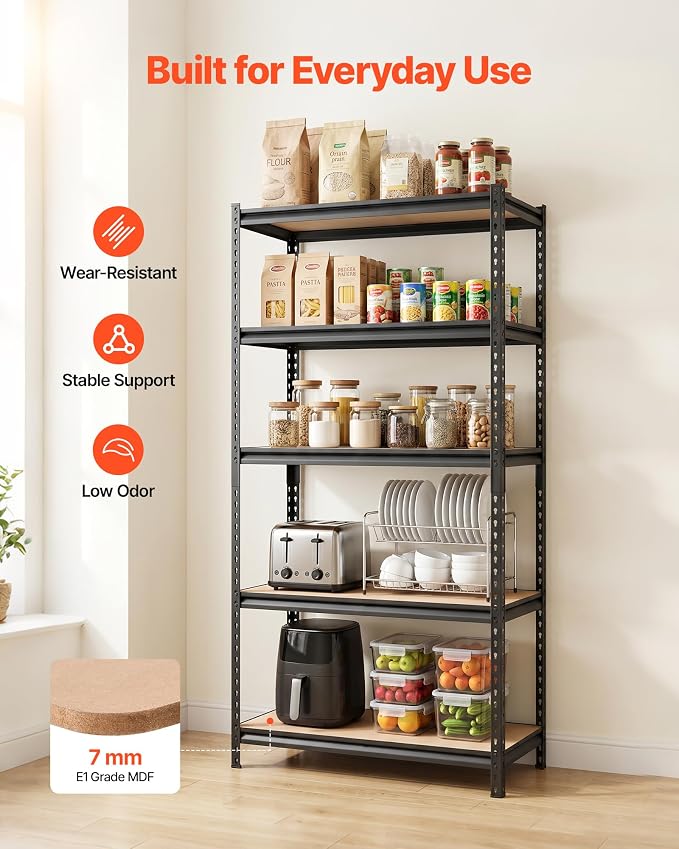 VEVOR Storage Shelves, 5-Tier Adjustable, 2000 lbs Capacity, Heavy Duty Garage Storage Shelving Unit, Metal Utility Rack Shelf, for Garage Warehouse Basement Kitchen, 36.34" W x 18.07" D x 71.38" H