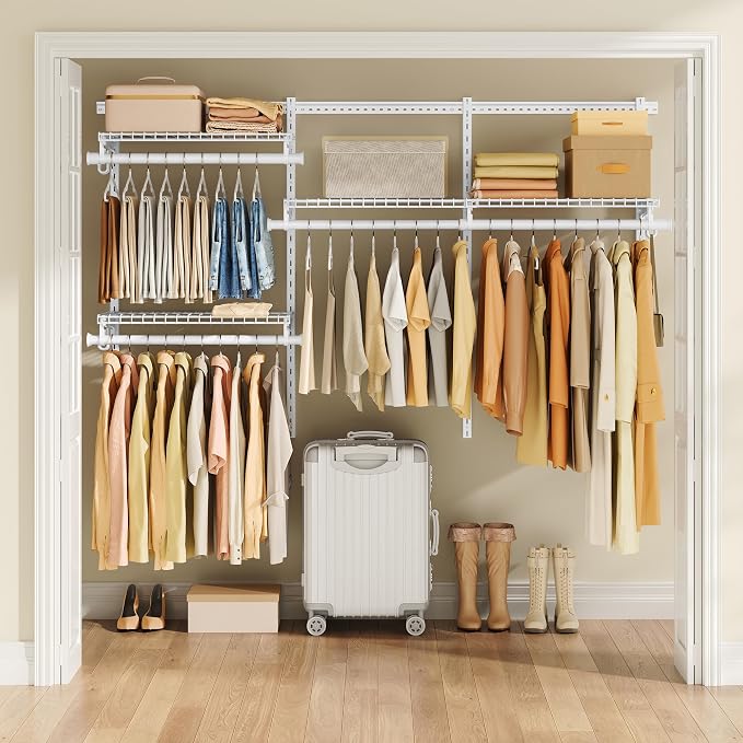 SONGMICS HOME Closet System, Closet Insert Organizer, 2-4 ft, Adjustable Metal Shelving Unit with 4 Hanging Rods, 4 Shelves, and Hooks, for Pantry Mudroom Garage Basement, Cloud White URGR031W01